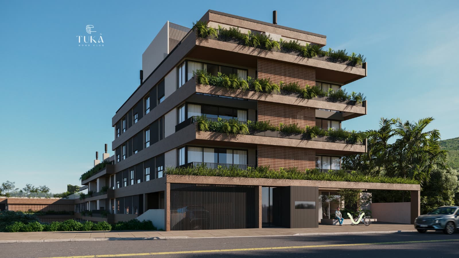 Fachada diurna com varandas verdes (render)