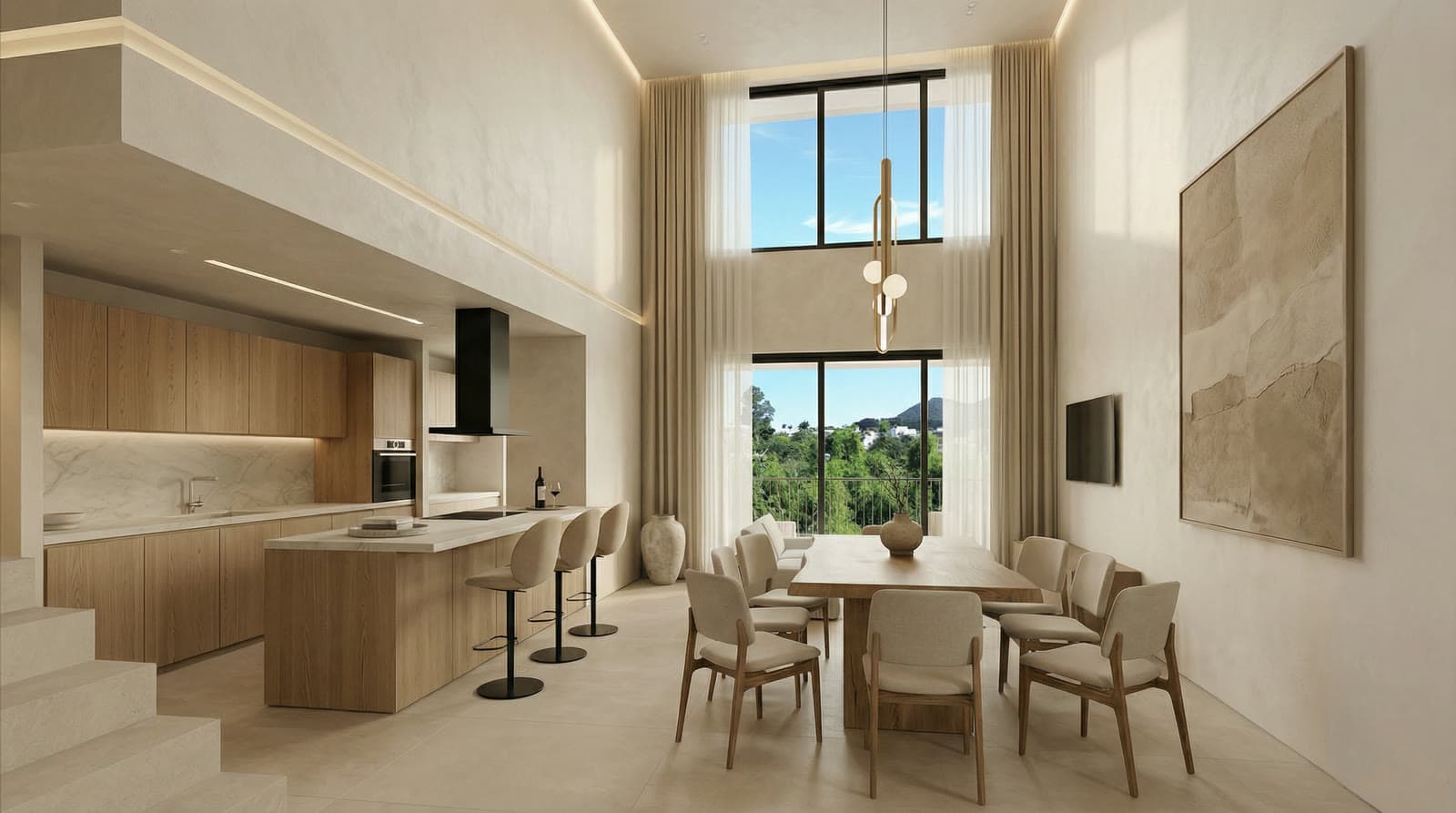 Living duplex com pé-direito duplo e cozinha integrada (render)