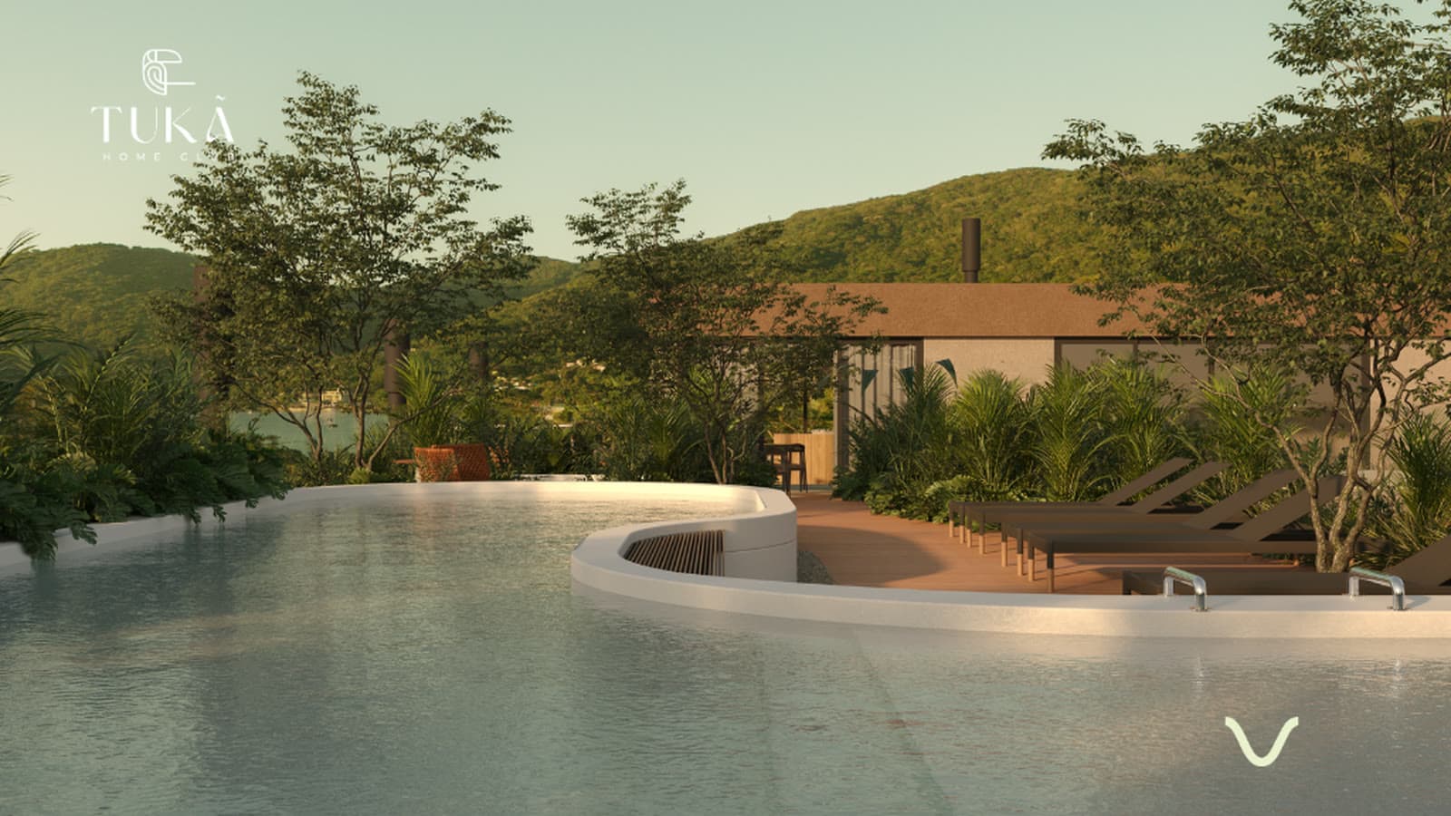 Piscina de borda na cobertura com vista para os morros (render)