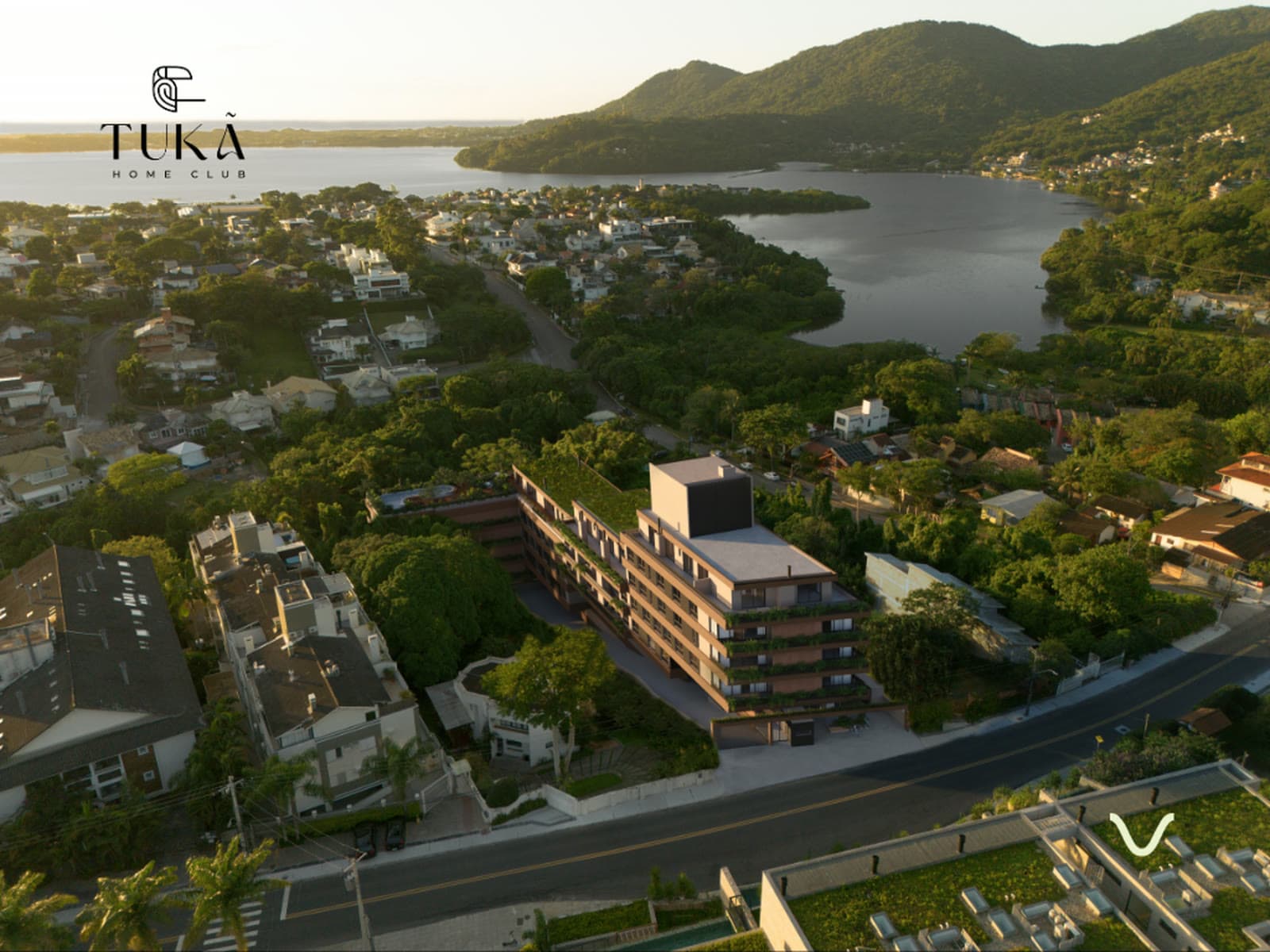 Vista aérea do Tukã Home Club com a Lagoa da Conceição ao fundo (render)